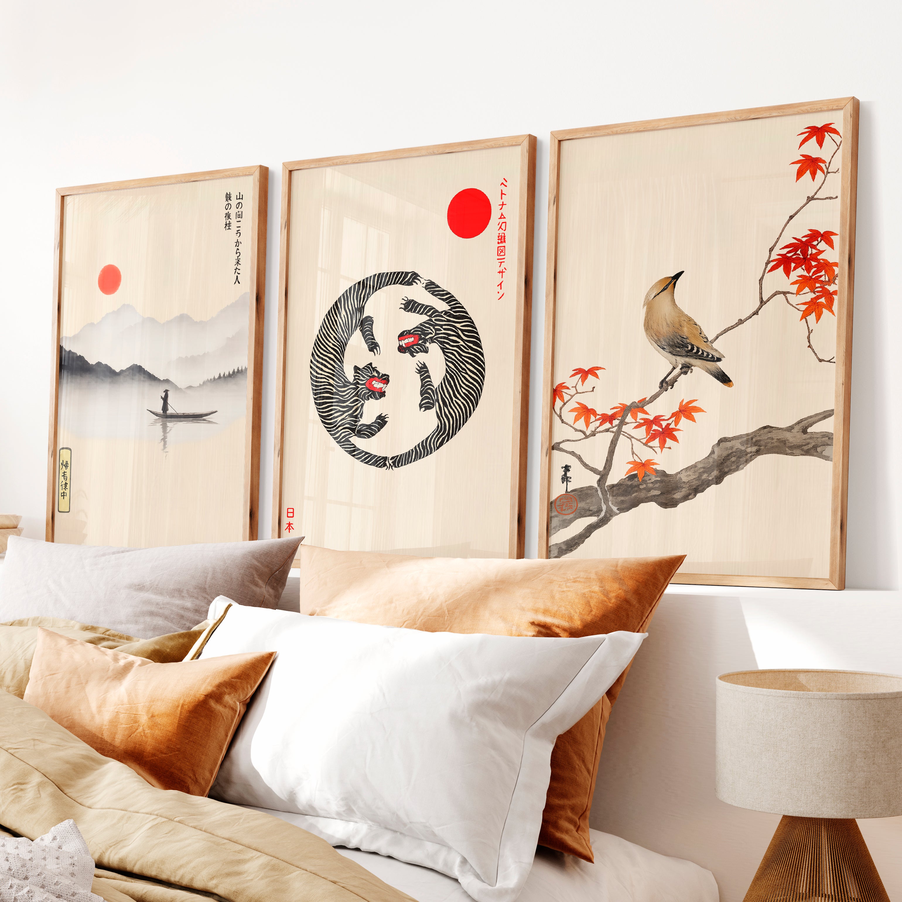 Twin Tigers Triptych for japandi wall decor - Natural Wood Framed Poster No Border - Artworksets
