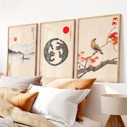 Twin Tigers Triptych for japandi wall decor - Natural Wood Framed Poster No Border - Artworksets