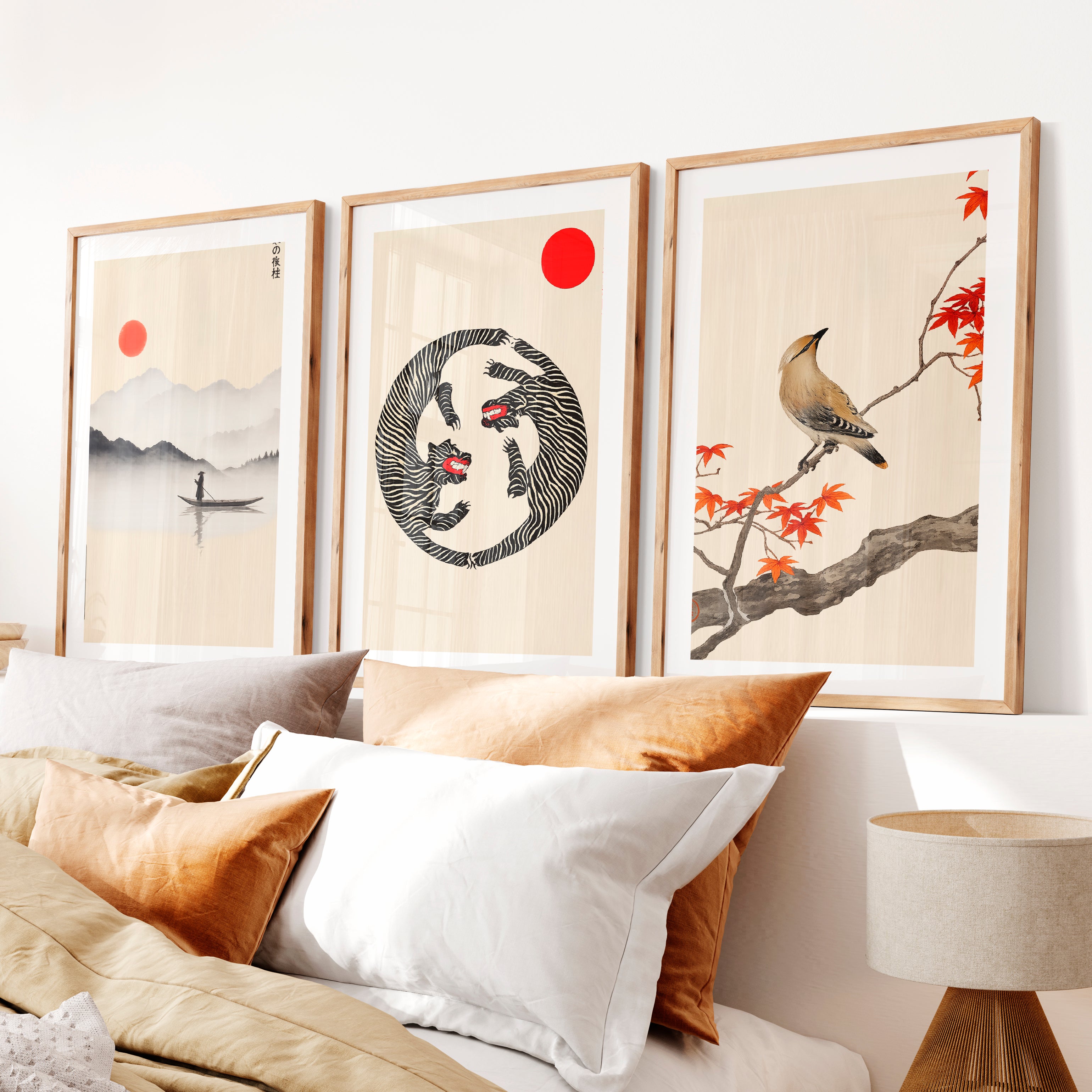 Twin Tigers Triptych for japandi wall decor- Natural Wood Framed Poster with White Border - Artworksets