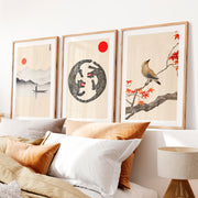Twin Tigers Triptych for japandi wall decor- Natural Wood Framed Poster with White Border - Artworksets