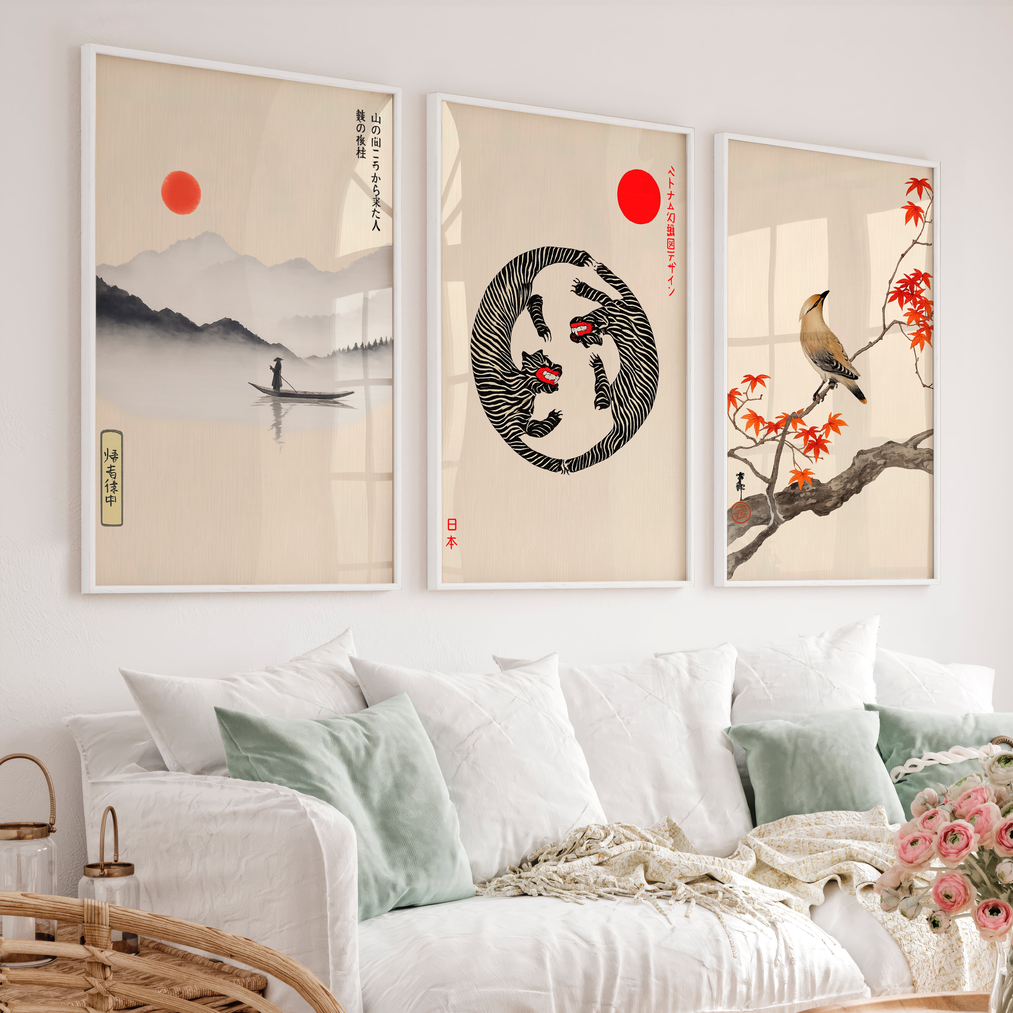 Twin Tigers Triptych for japandi wall decor - White Framed Poster No Border - Artworksets