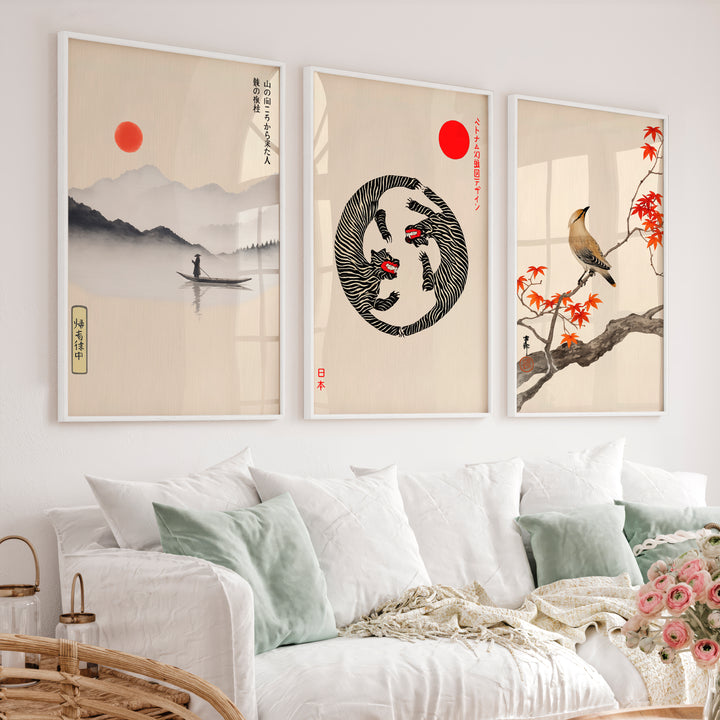 Twin Tigers Triptych for japandi wall decor - White Framed Poster No Border - Artworksets