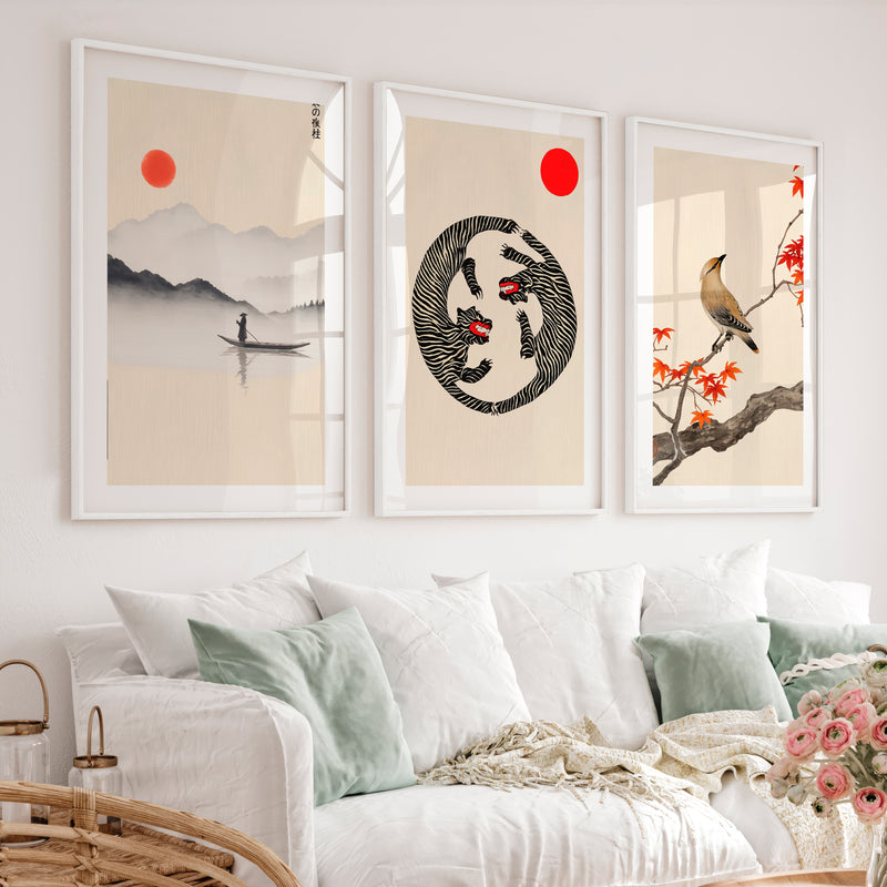 Twin Tigers Triptych for japandi wall decor - White Framed Poster with White Border - Artworksets