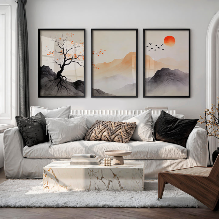 Autumn Tree Japandi Wall Decor - Black Framed Poster No Border - Artworksets