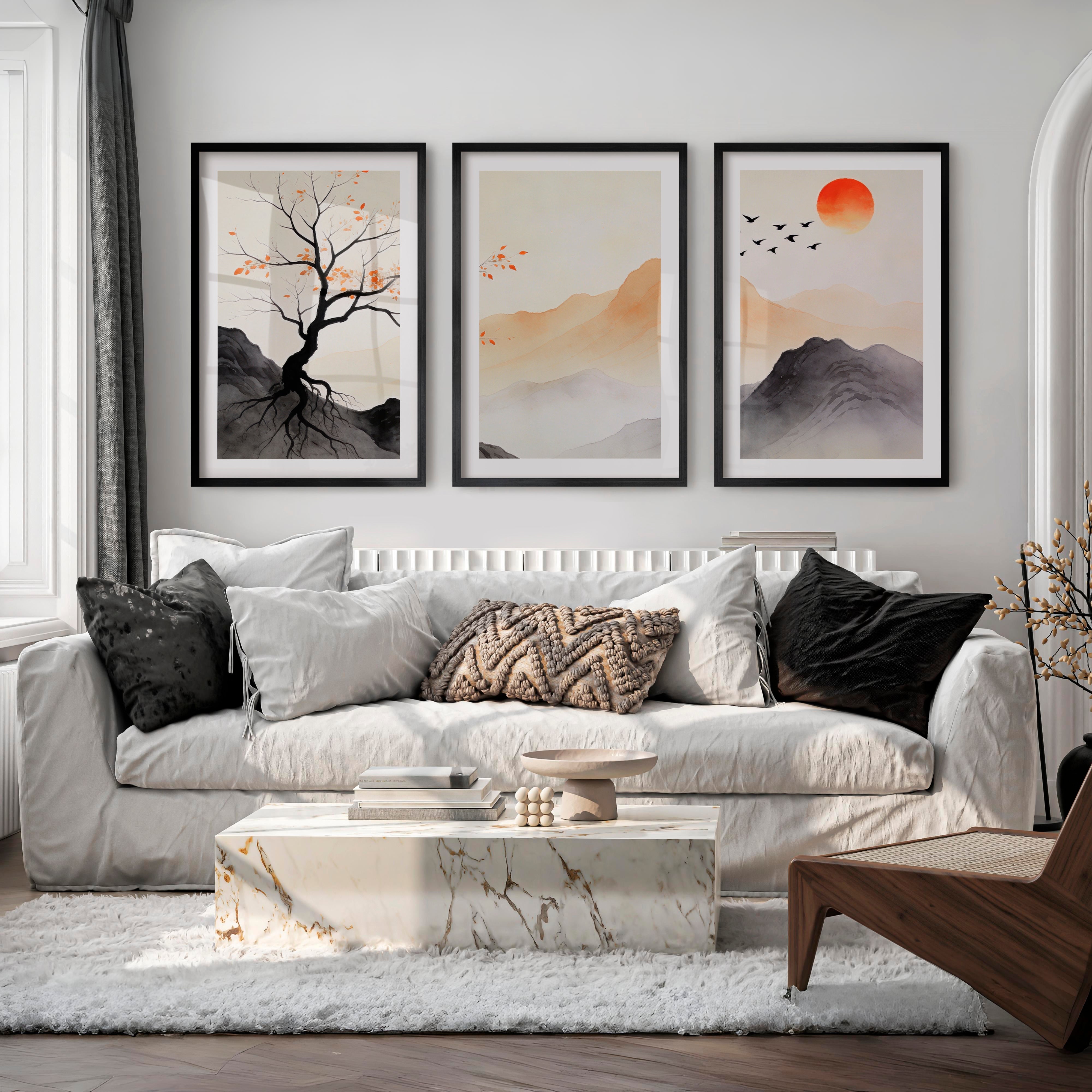 Autumn Tree Japandi Wall Decor - Black Framed Poster with White Border - Artworksets