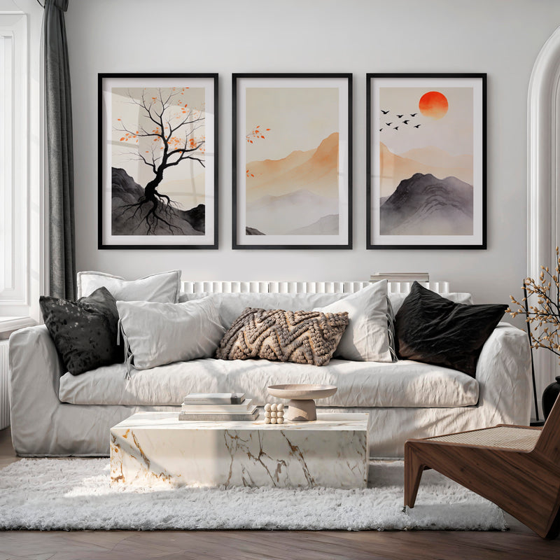 Autumn Tree Japandi Wall Decor - Black Framed Poster with White Border - Artworksets