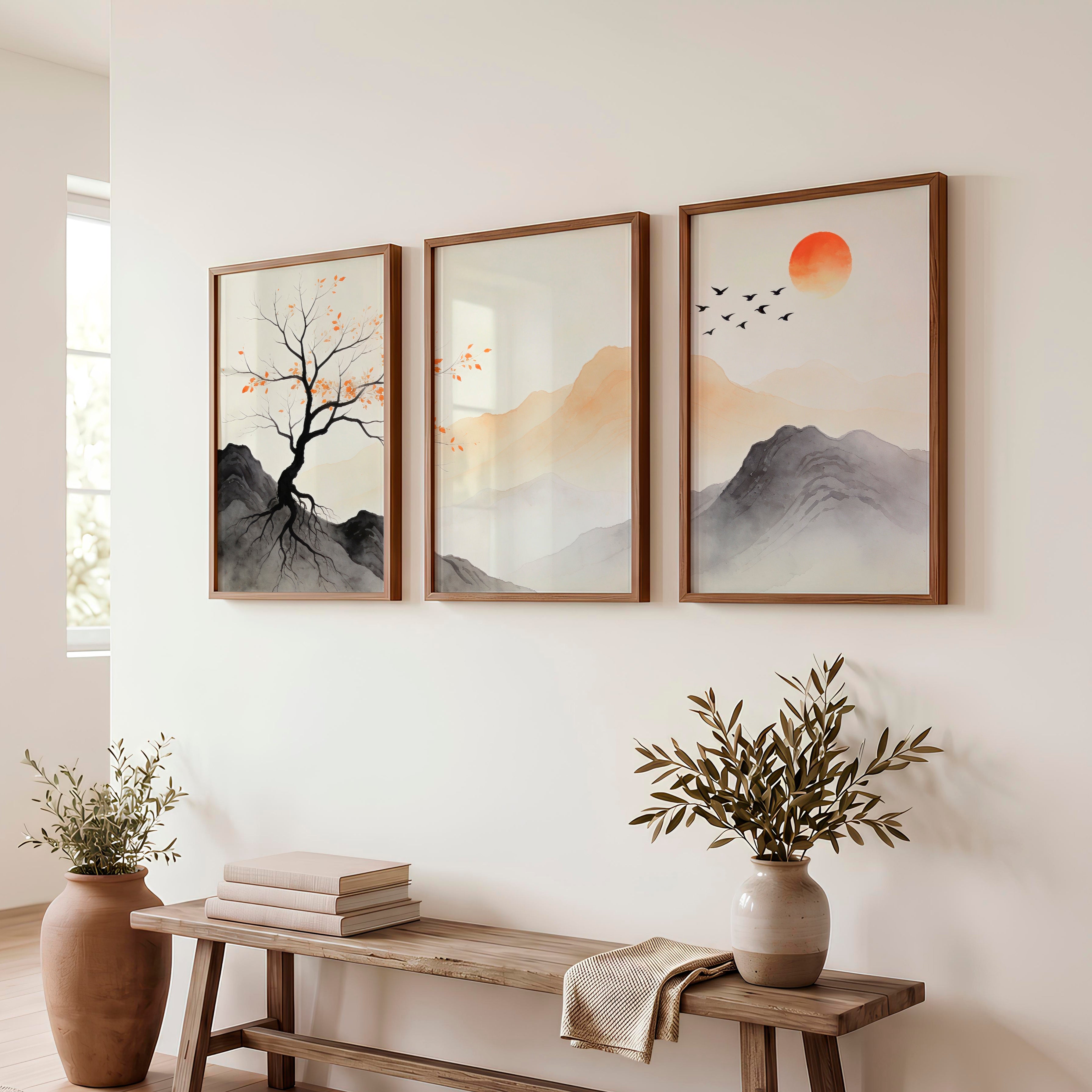 Autumn Tree Japandi Wall Decor - Dark Brown Framed Poster No Border - Artworksets
