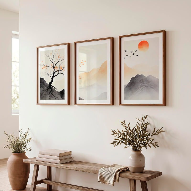 Autumn Tree Japandi Wall Decor - Dark Brown Framed Poster with White Border - Artworksets