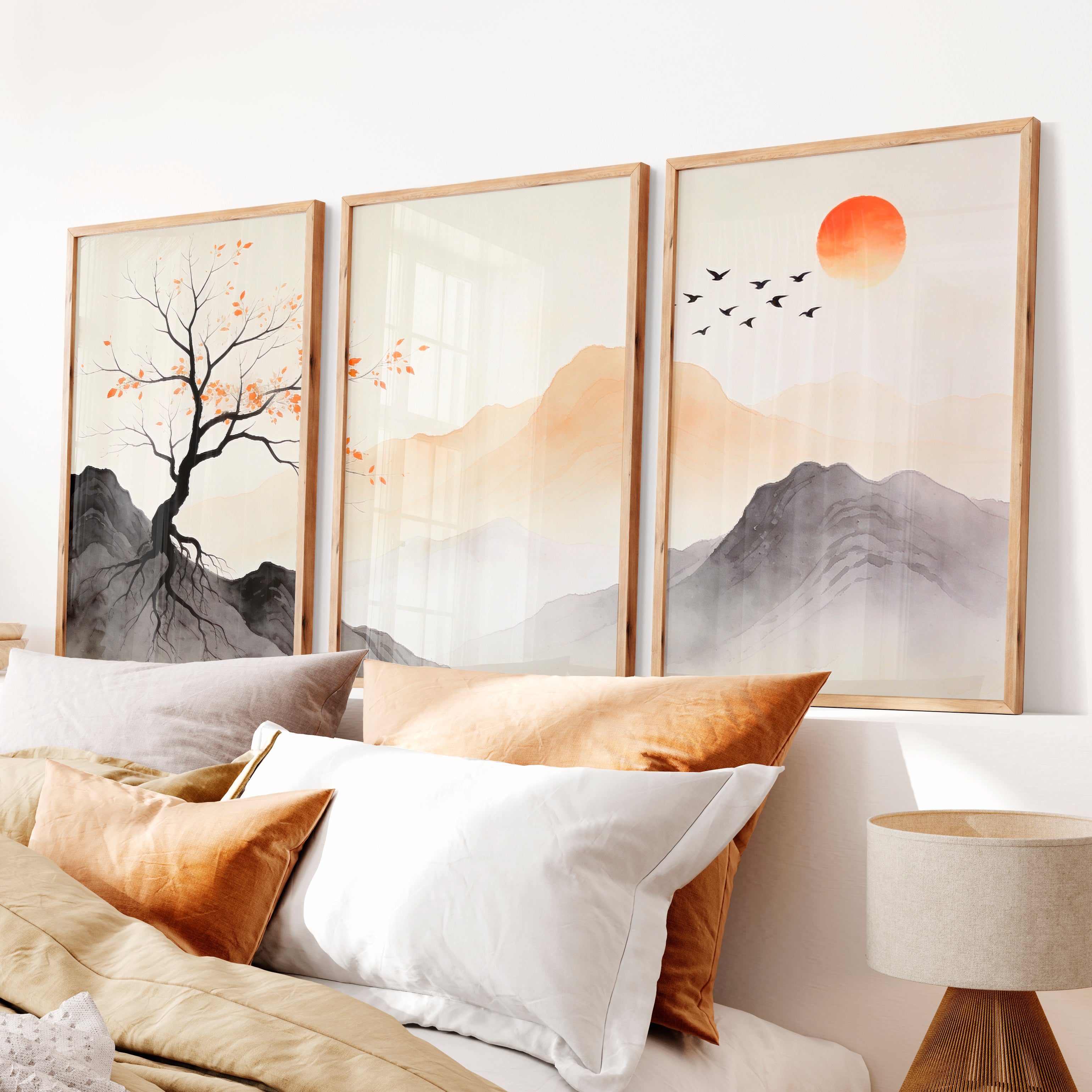 Autumn Tree Japandi Wall Decor - Natural Wood Framed Poster No Border - Artworksets
