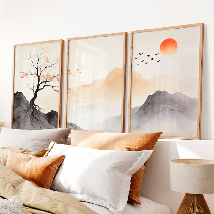 Autumn Tree Japandi Wall Decor - Natural Wood Framed Poster No Border - Artworksets