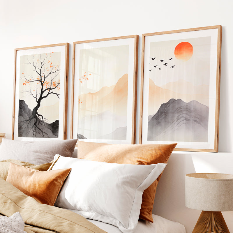 Autumn Tree Japandi Wall Decor- Natural Wood Framed Poster with White Border - Artworksets
