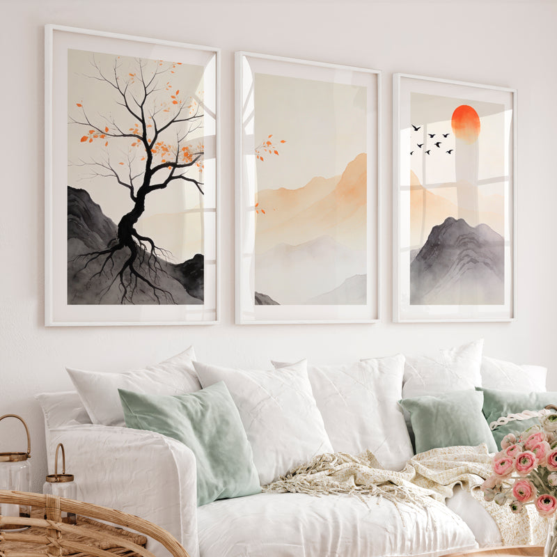 Autumn Tree Japandi Wall Decor - White Framed Poster with White Border - Artworksets