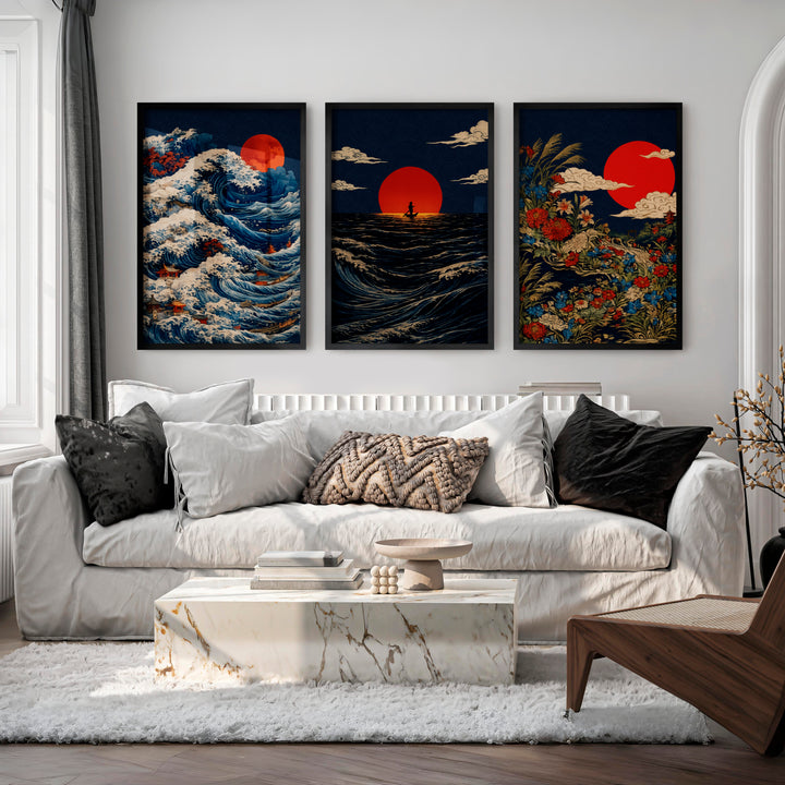 Red Sun Waves japandi wall decor - Black Framed Poster No Border - Artworksets