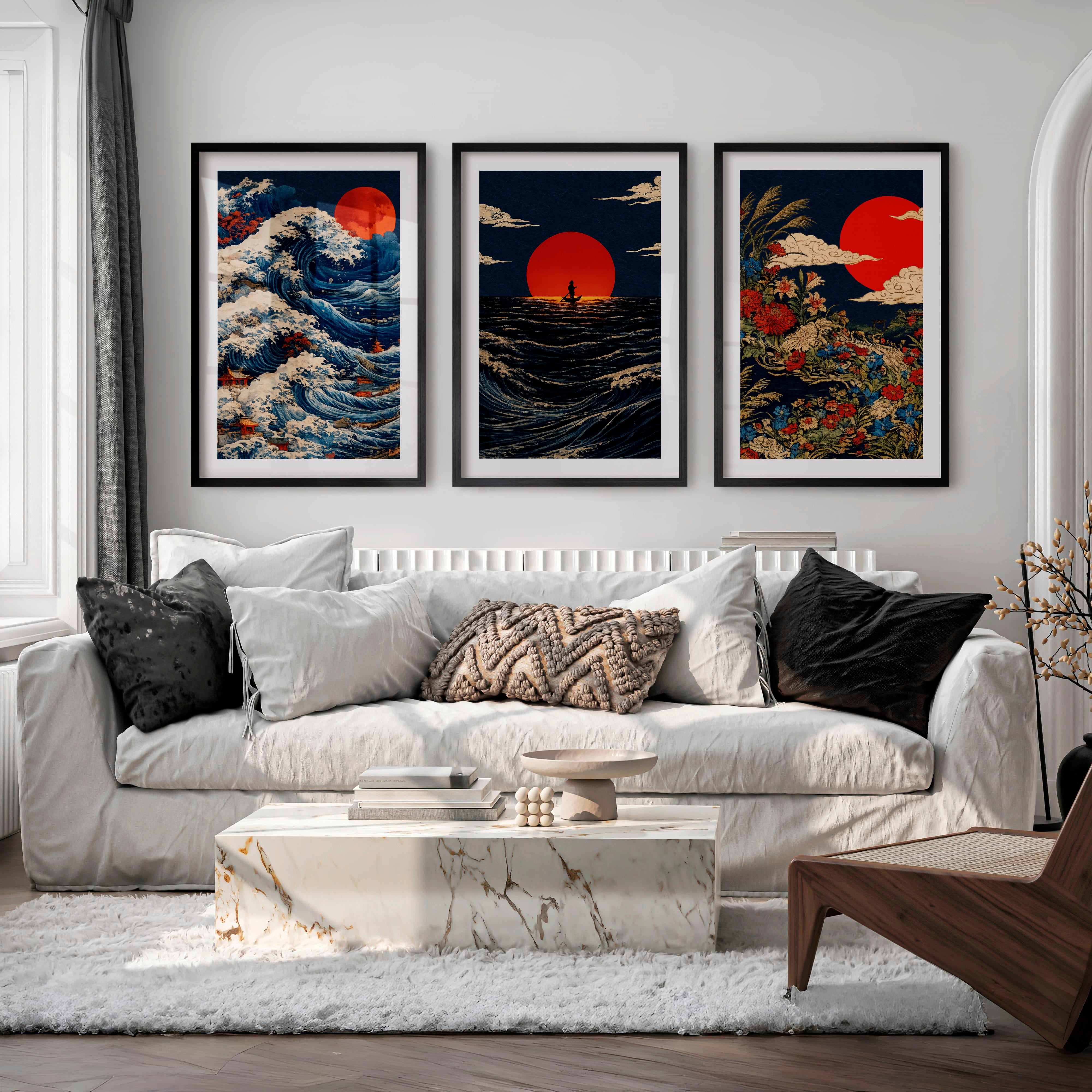Red Sun Waves japandi wall decor - Black Framed Poster with White Border - Artworksets
