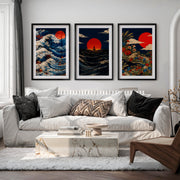 Red Sun Waves japandi wall decor - Black Framed Poster with White Border - Artworksets