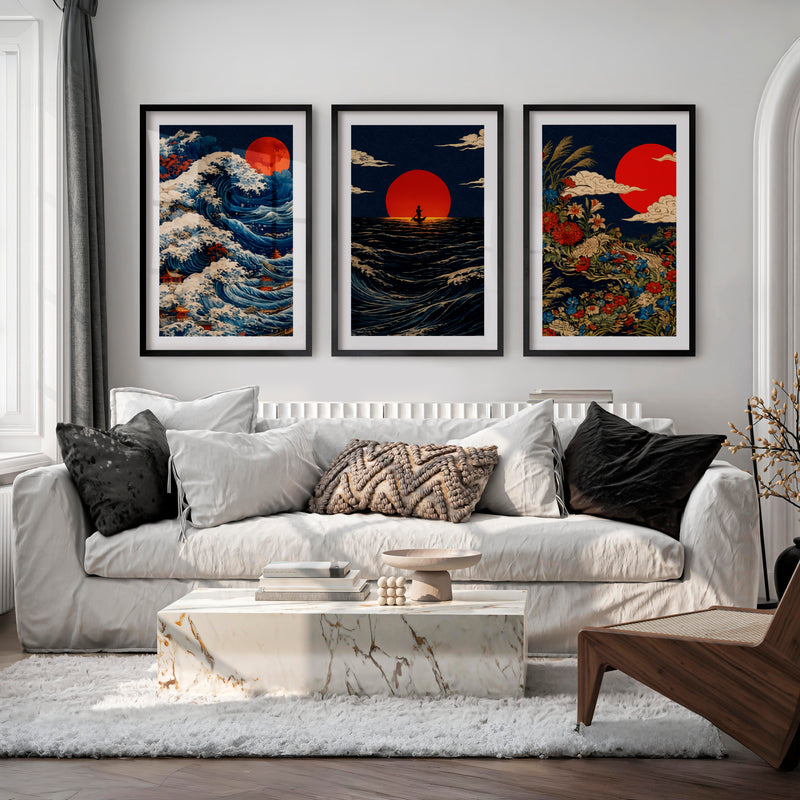 Red Sun Waves japandi wall decor - Black Framed Poster with White Border - Artworksets