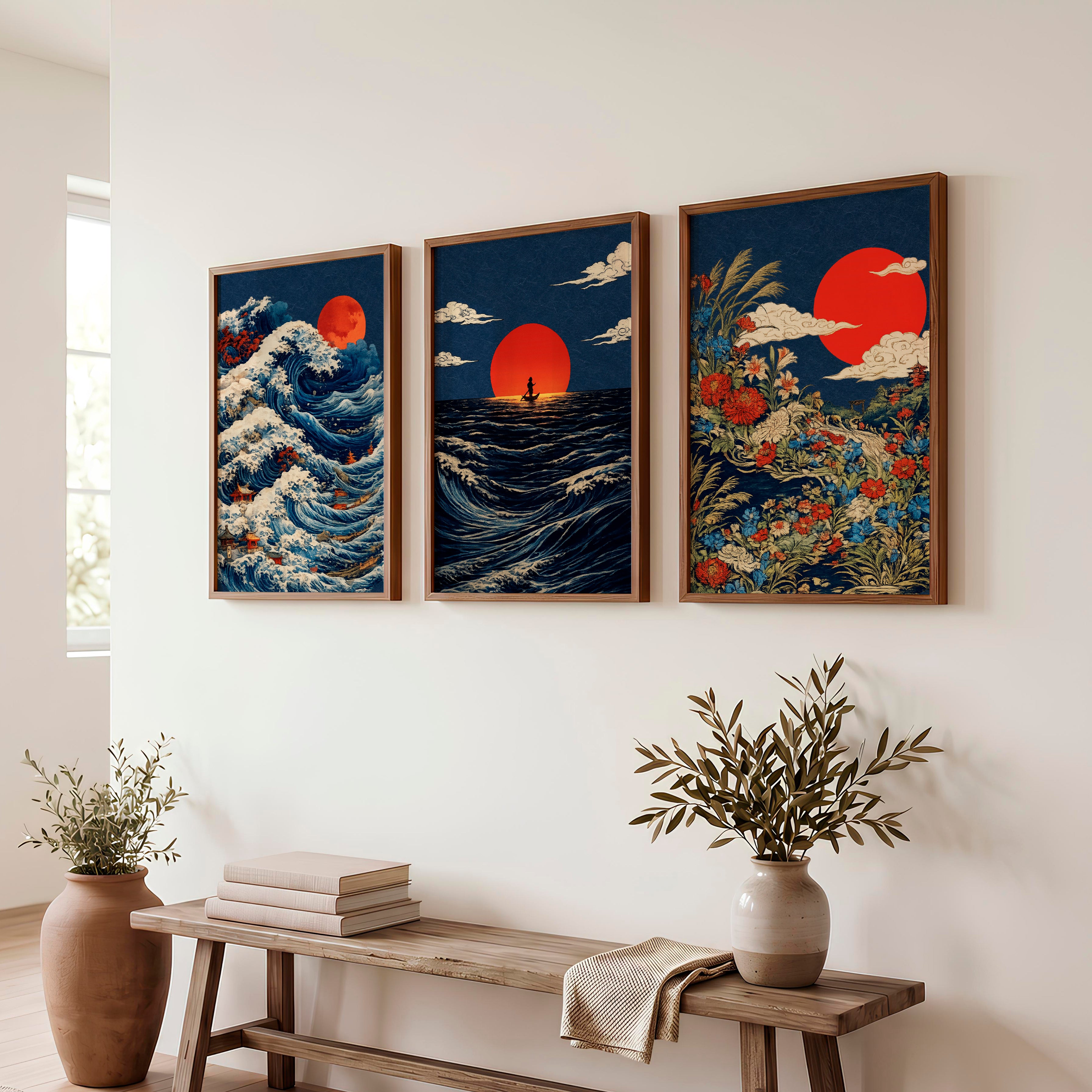Red Sun Waves japandi wall decor - Dark Brown Framed Poster No Border - Artworksets
