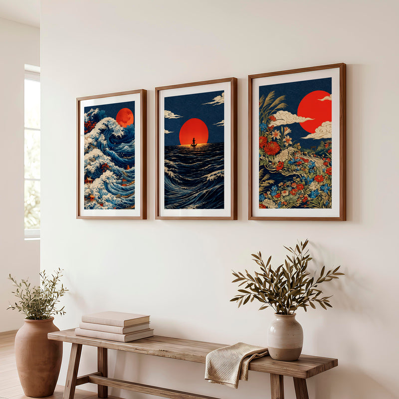 Red Sun Waves japandi wall decor - Dark Brown Framed Poster with White Border - Artworksets