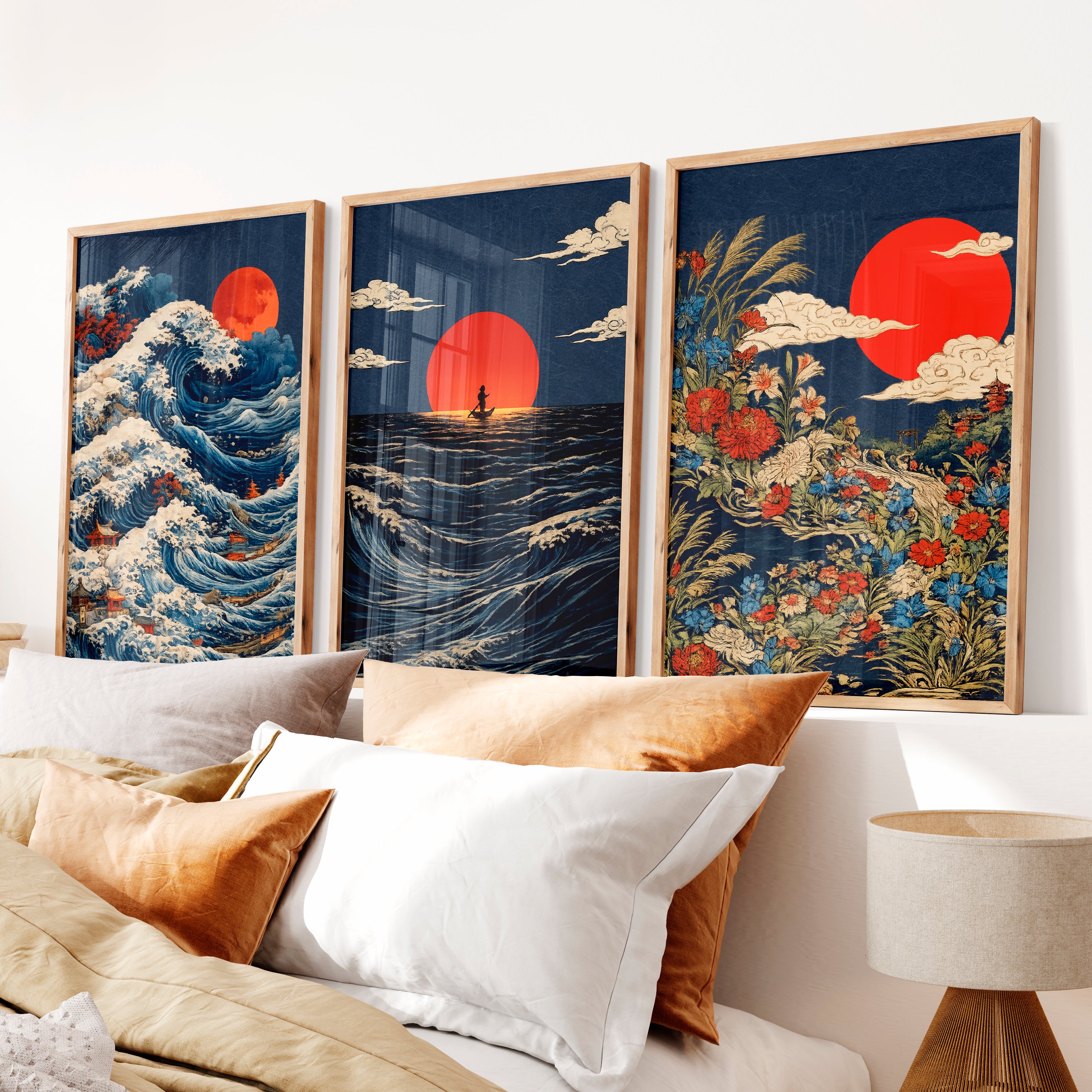 Red Sun Waves japandi wall decor - Natural Wood Framed Poster No Border - Artworksets