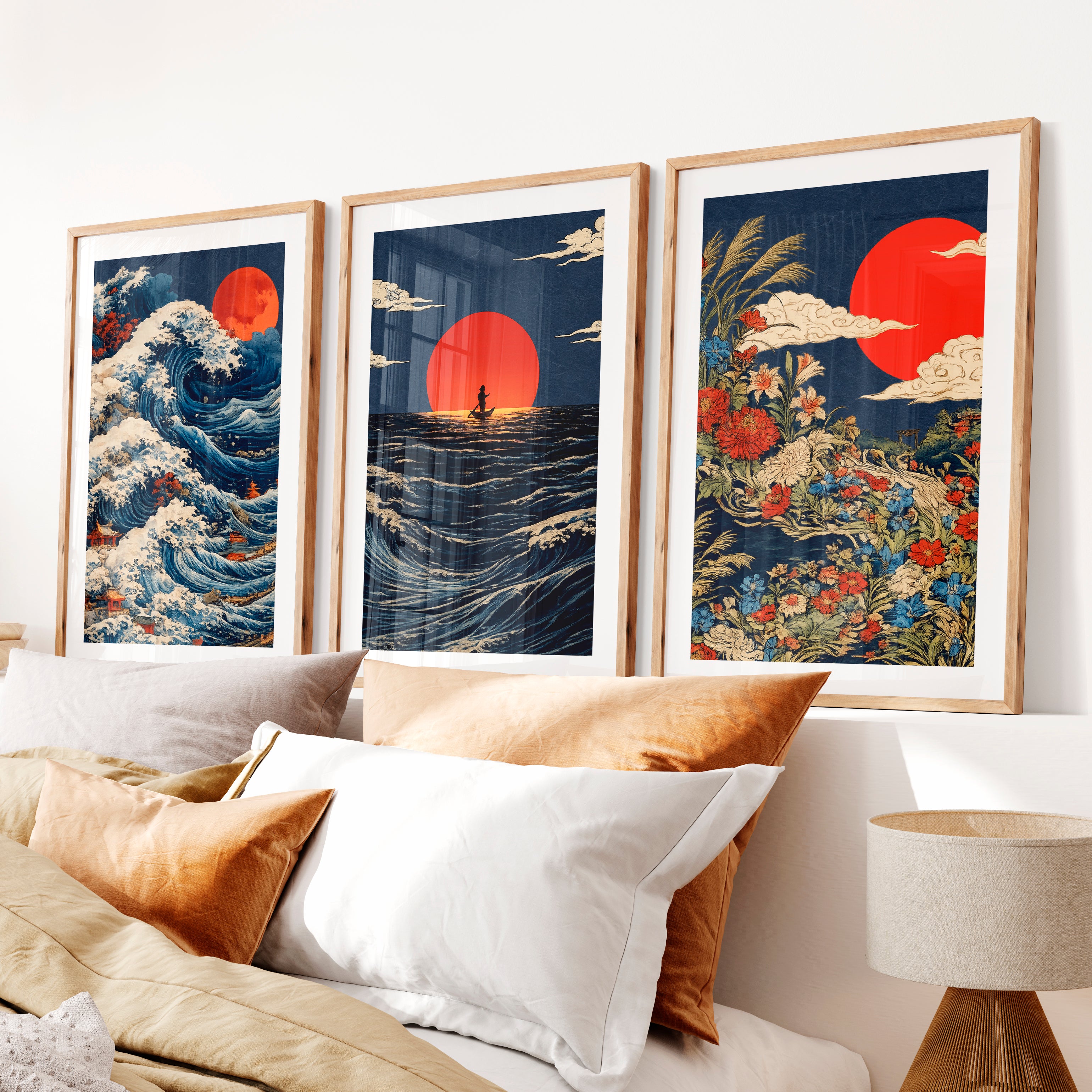 Red Sun Waves japandi wall decor- Natural Wood Framed Poster with White Border - Artworksets