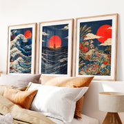 Red Sun Waves japandi wall decor- Natural Wood Framed Poster with White Border - Artworksets