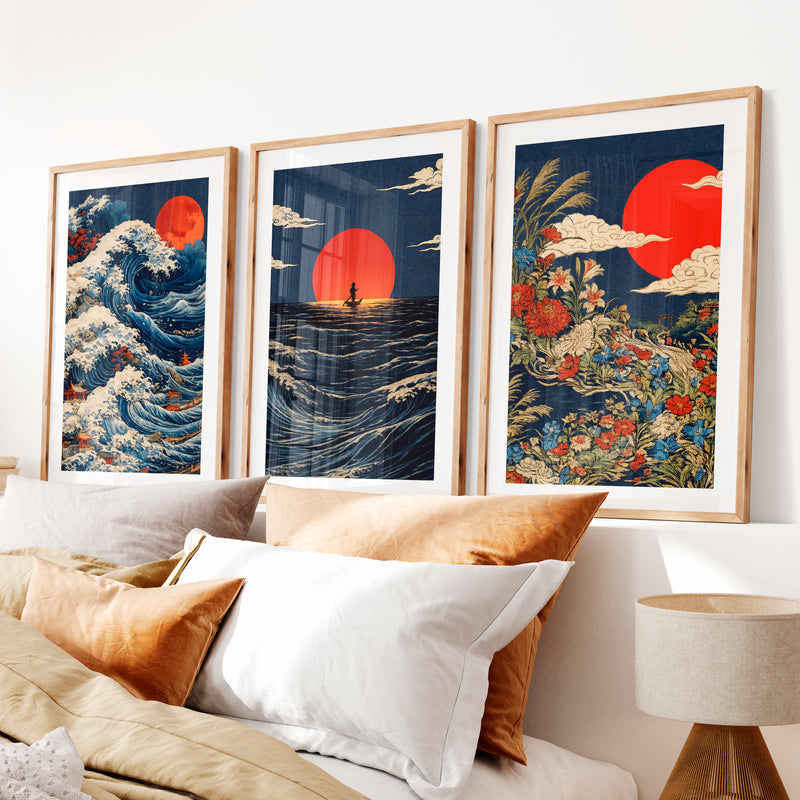 Red Sun Waves japandi wall decor- Natural Wood Framed Poster with White Border - Artworksets