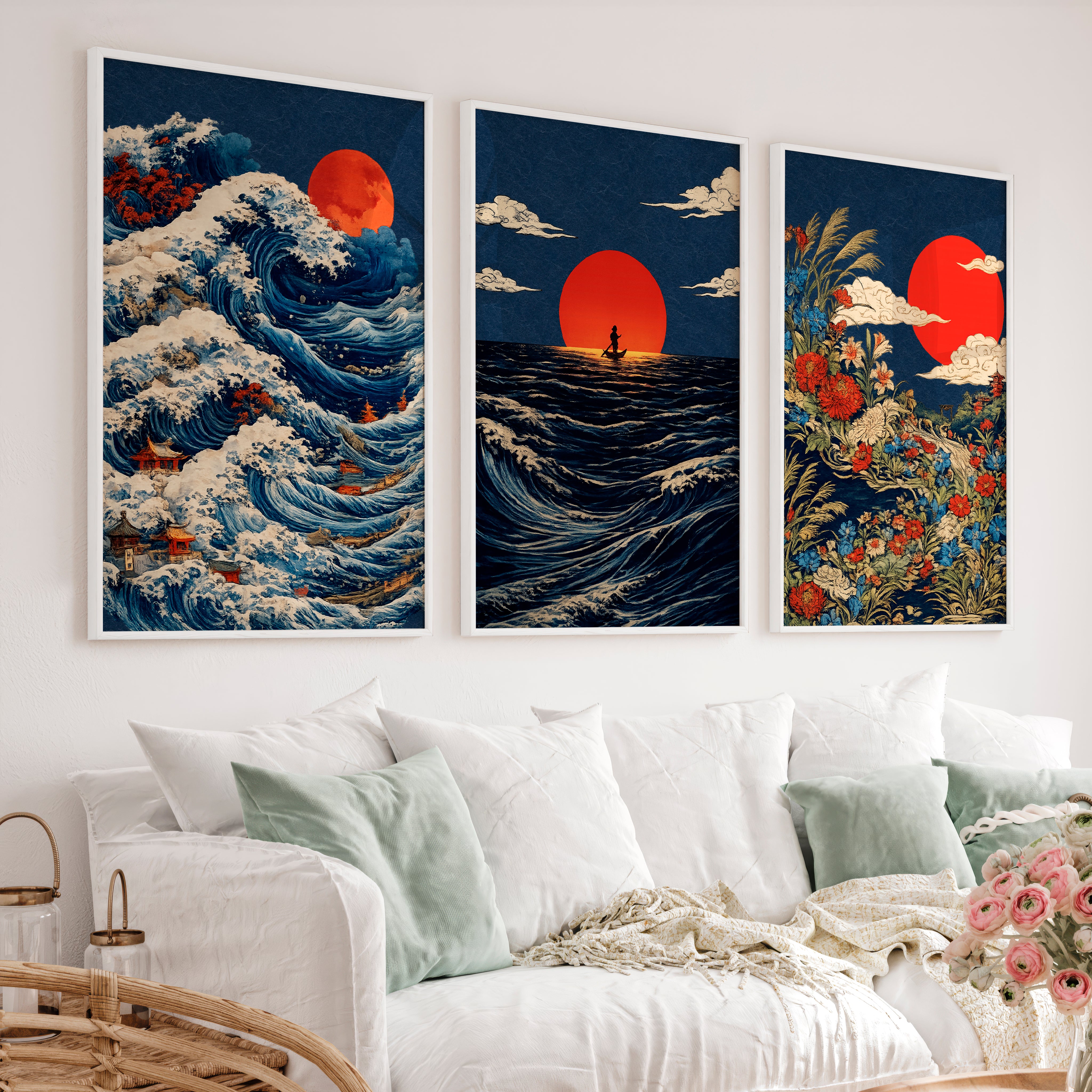 Red Sun Waves japandi wall decor - White Framed Poster No Border - Artworksets