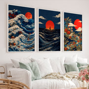 Red Sun Waves japandi wall decor - White Framed Poster No Border - Artworksets