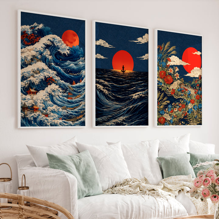 Red Sun Waves japandi wall decor - White Framed Poster No Border - Artworksets