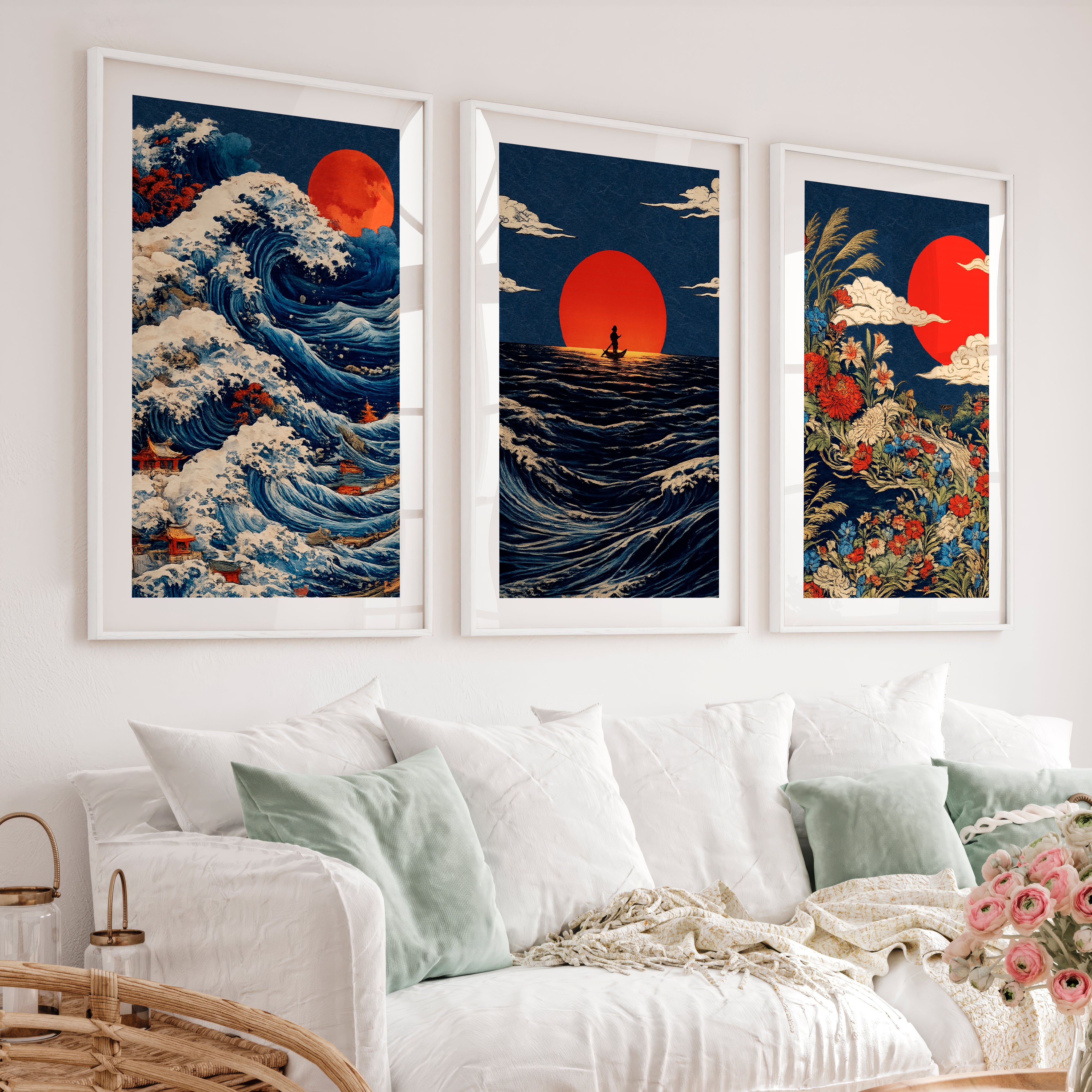 Red Sun Waves japandi wall decor - White Framed Poster with White Border - Artworksets