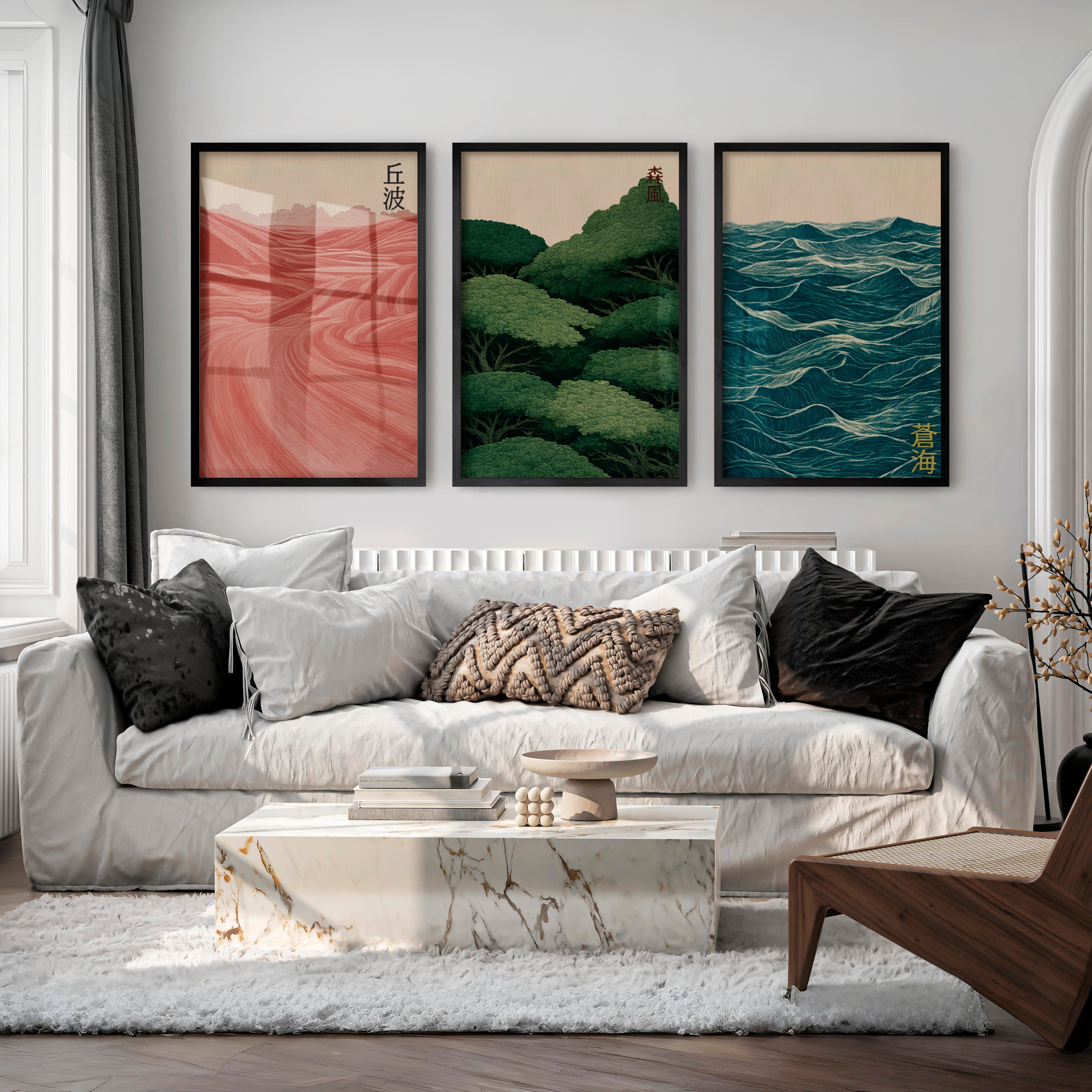 Layered Landscape japandi wall Triptych - Black Framed Poster No Border - Artworksets