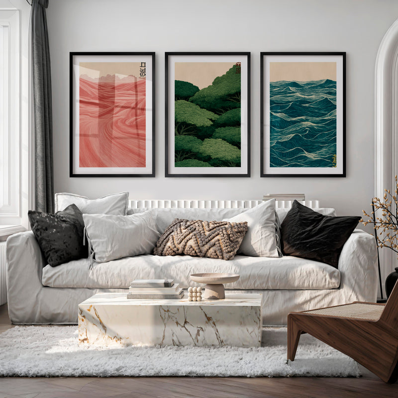 Layered Landscape japandi wall Triptych - Black Framed Poster with White Border - Artworksets
