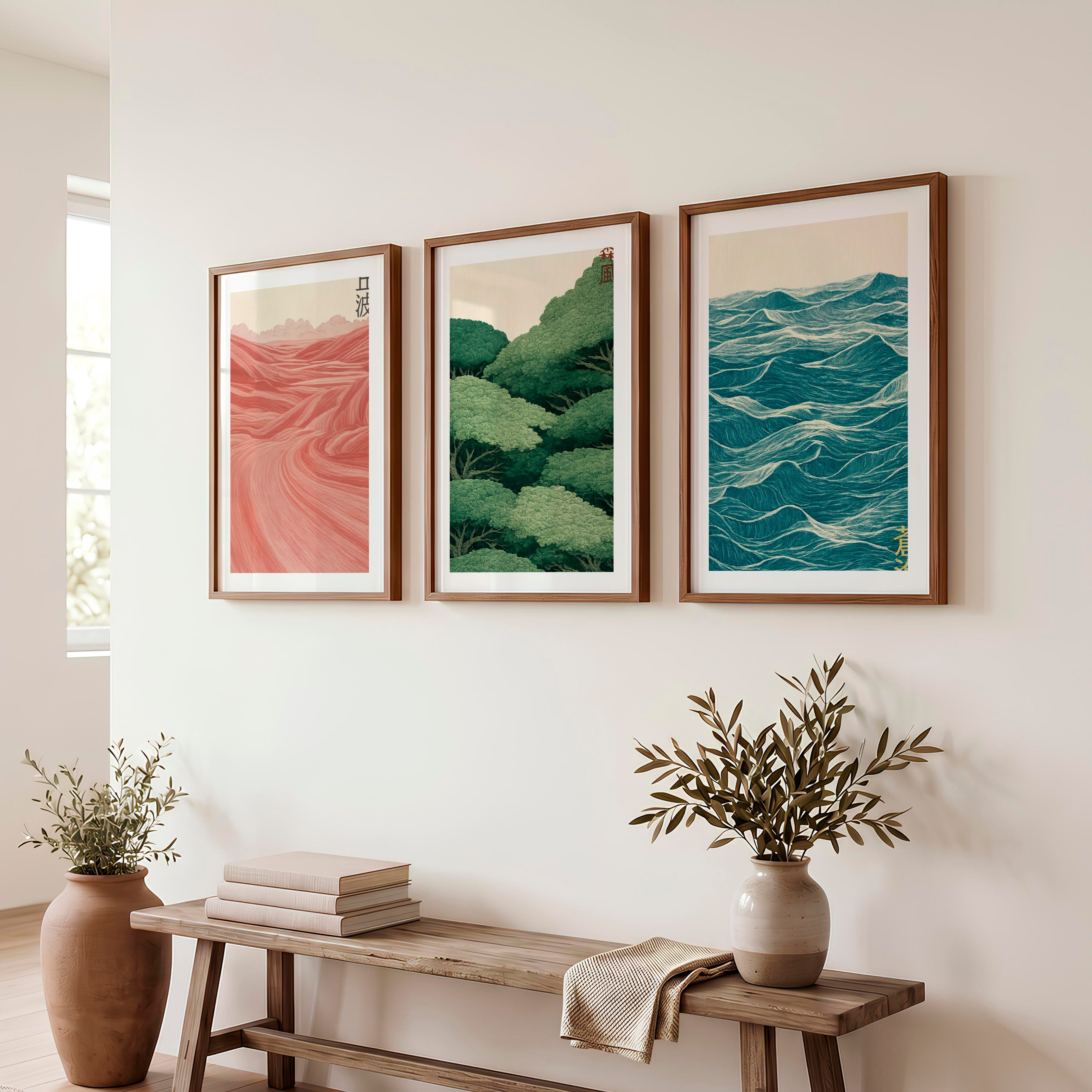 Layered Landscape japandi wall Triptych - Dark Brown Framed Poster with White Border - Artworksets