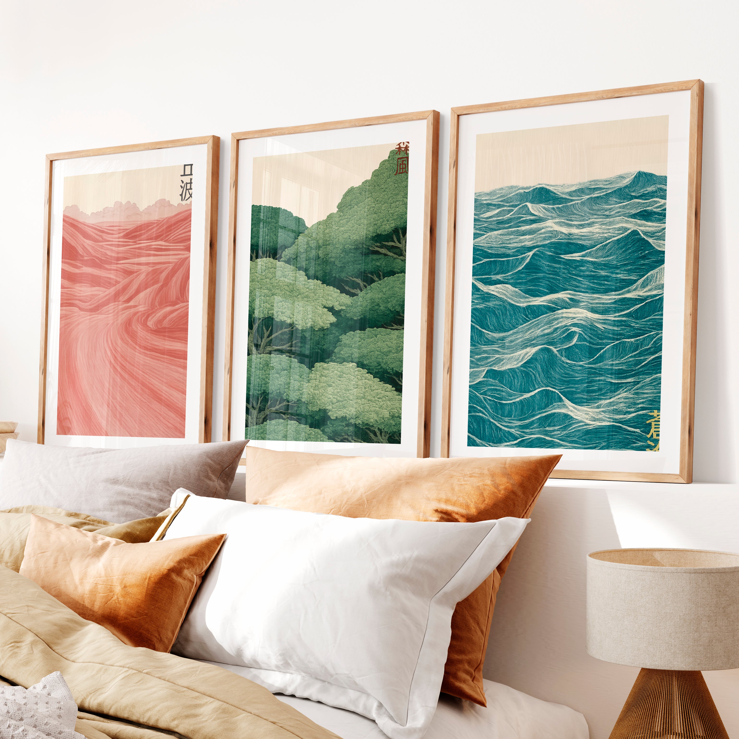 Layered Landscape japandi wall Triptych- Natural Wood Framed Poster with White Border - Artworksets