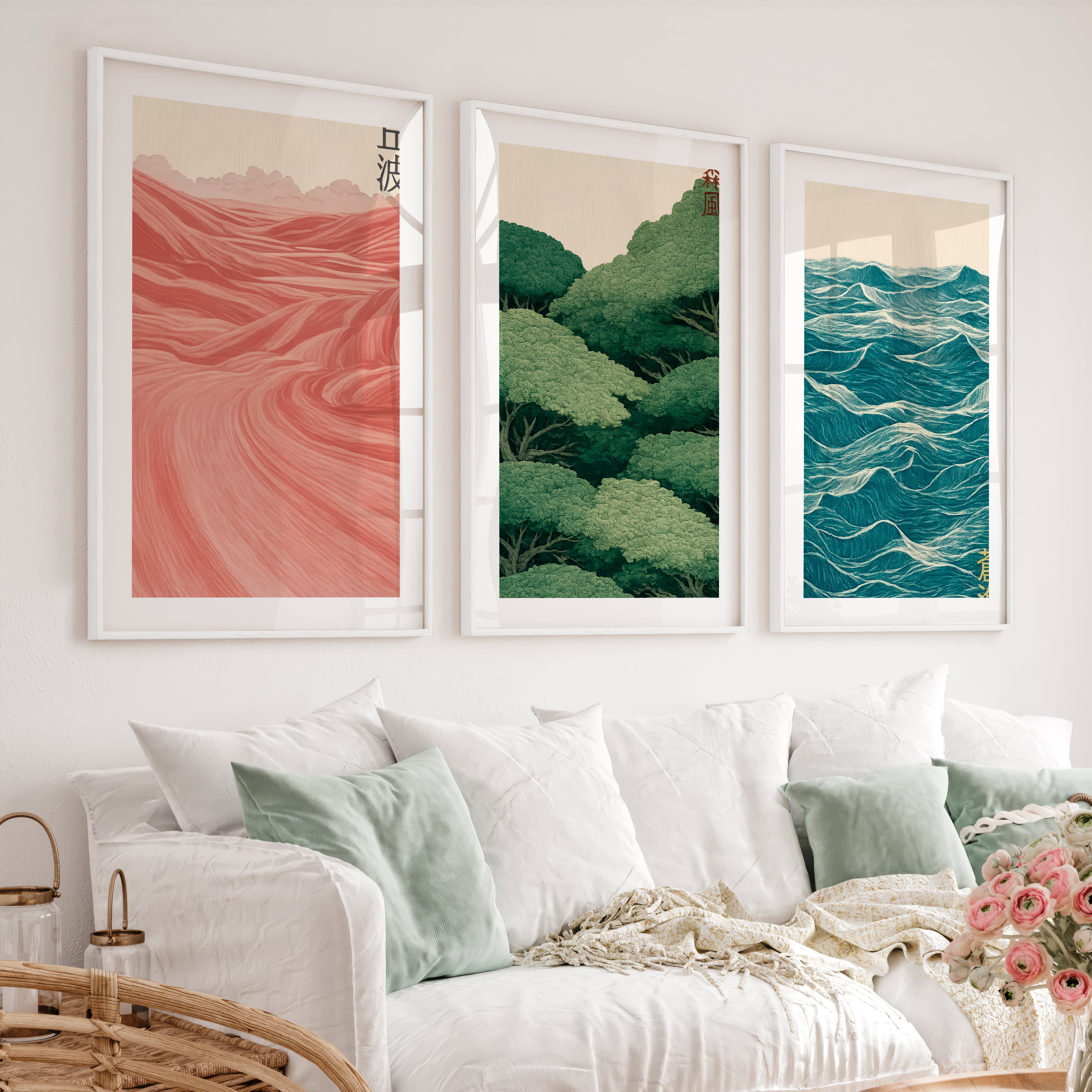 Layered Landscape japandi wall Triptych - White Framed Poster with White Border - Artworksets