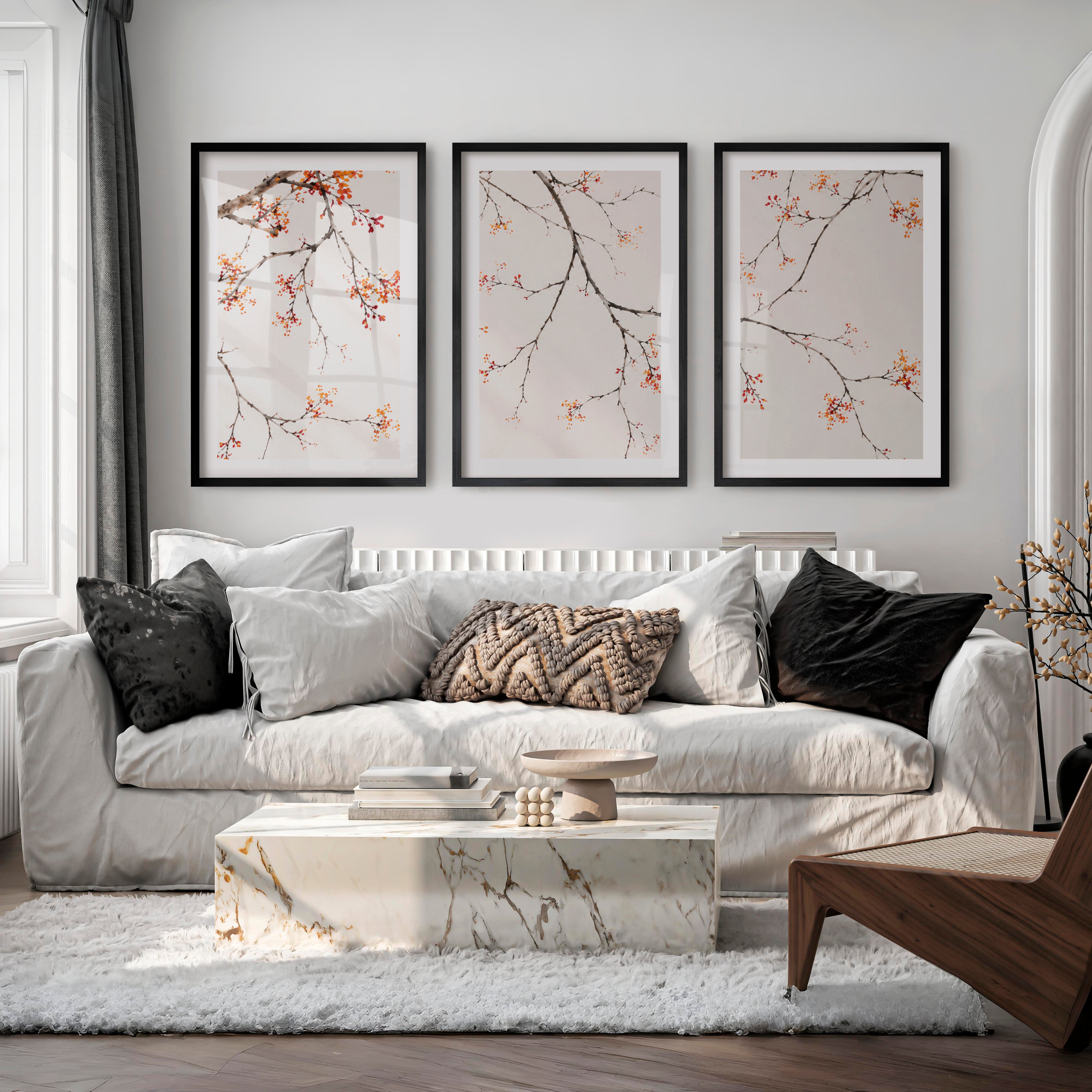 Soft Blossom Japandi Wall Print - Black Framed Poster with White Border - Artworksets