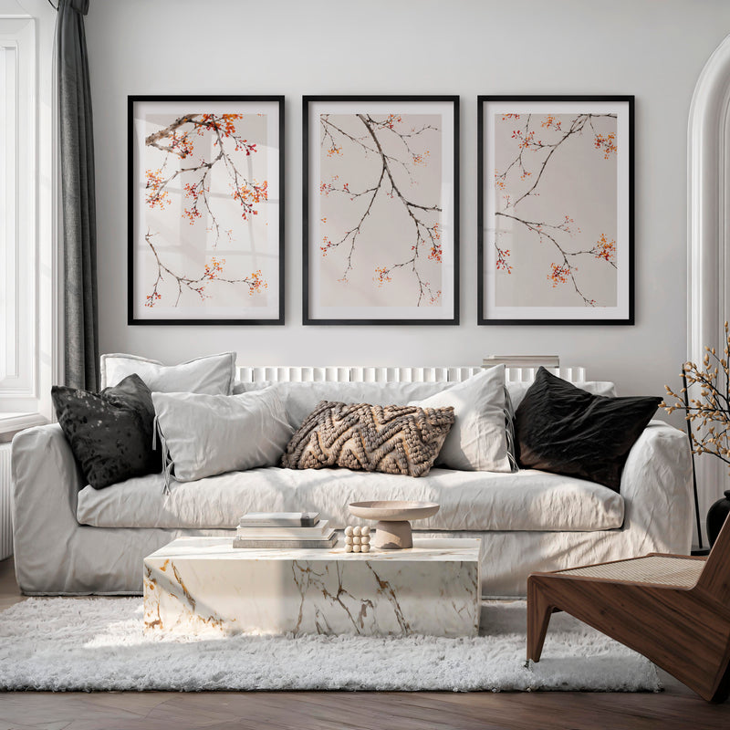 Soft Blossom Japandi Wall Print - Black Framed Poster with White Border - Artworksets