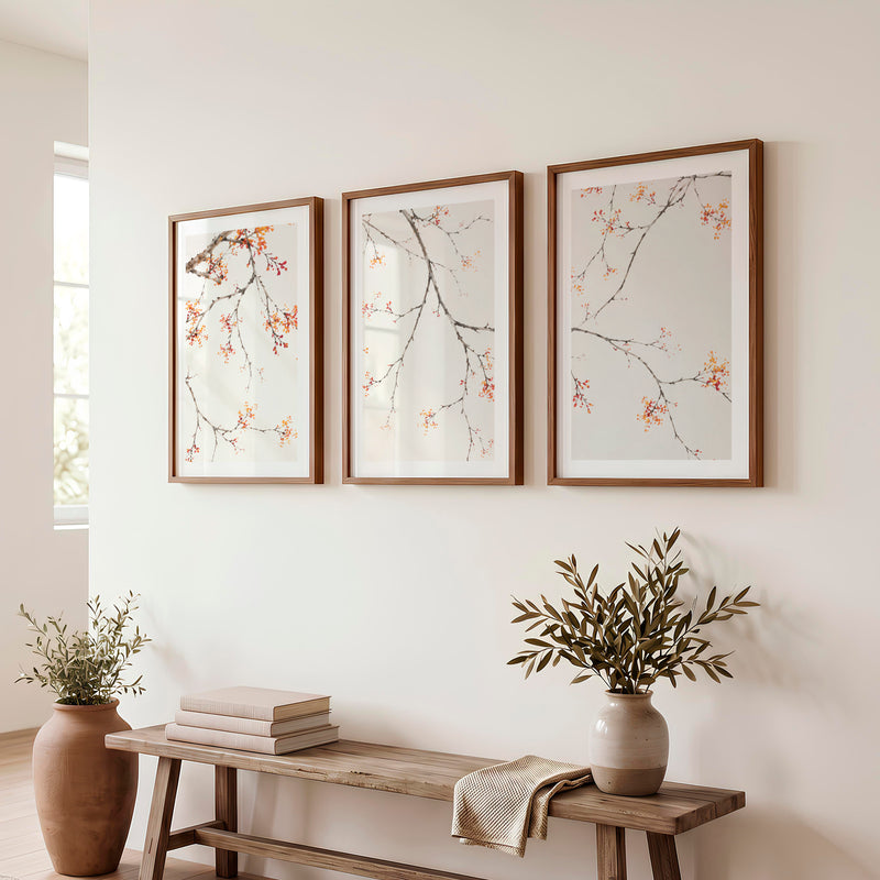 Soft Blossom Japandi Wall Print - Dark Brown Framed Poster with White Border - Artworksets