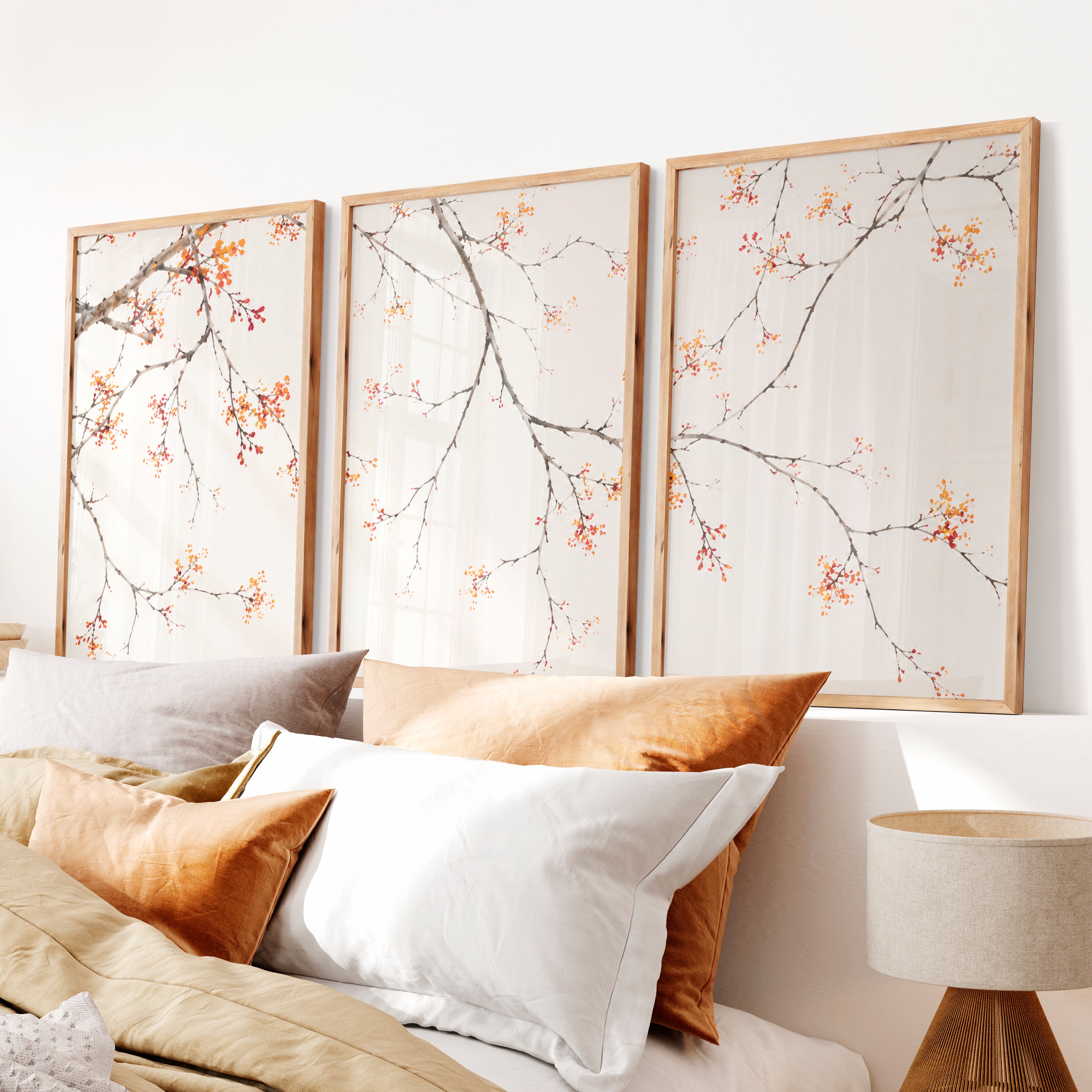 Soft Blossom Japandi Wall Print - Natural Wood Framed Poster No Border - Artworksets