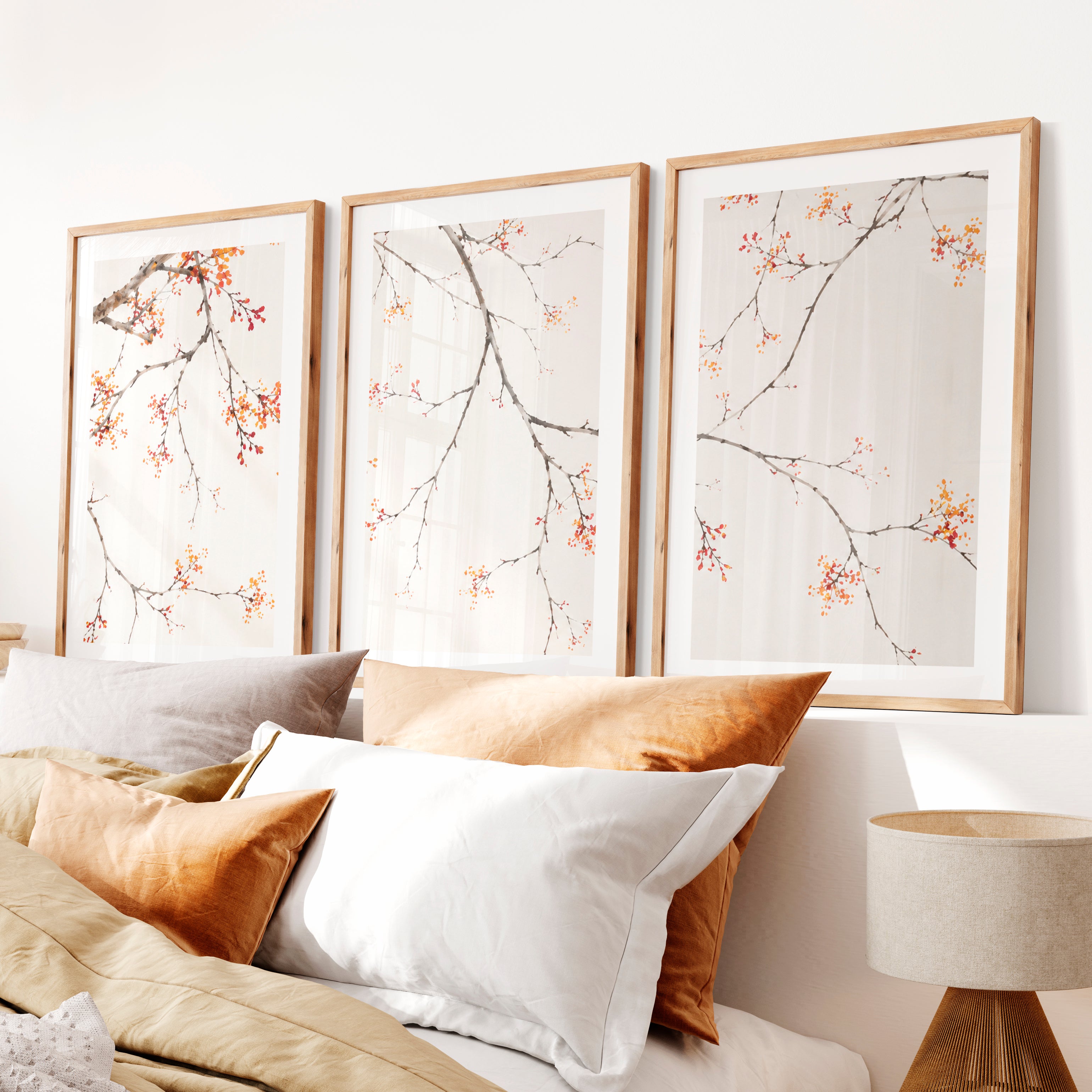 Soft Blossom Japandi Wall Print- Natural Wood Framed Poster with White Border - Artworksets