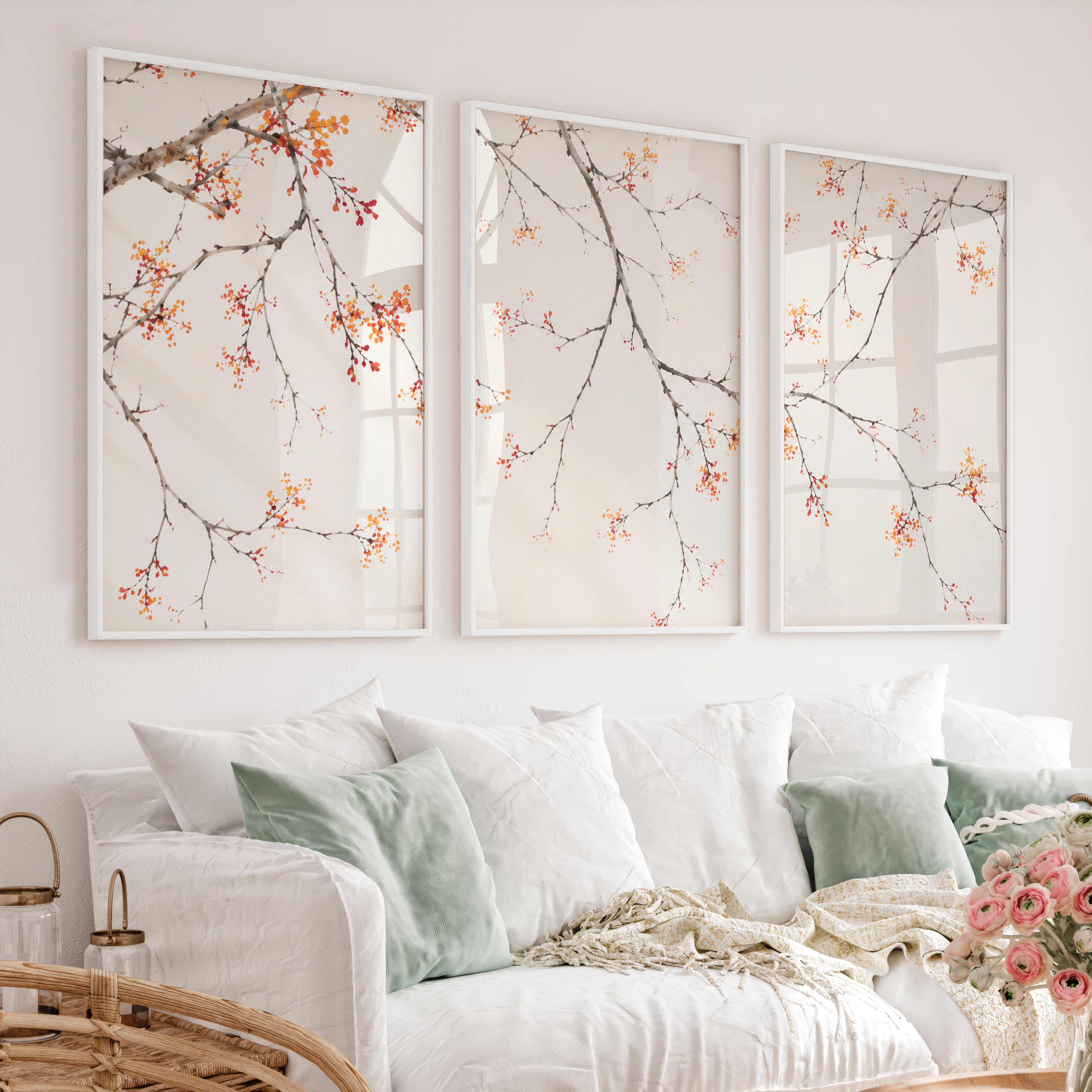 Soft Blossom Japandi Wall Print - White Framed Poster No Border - Artworksets