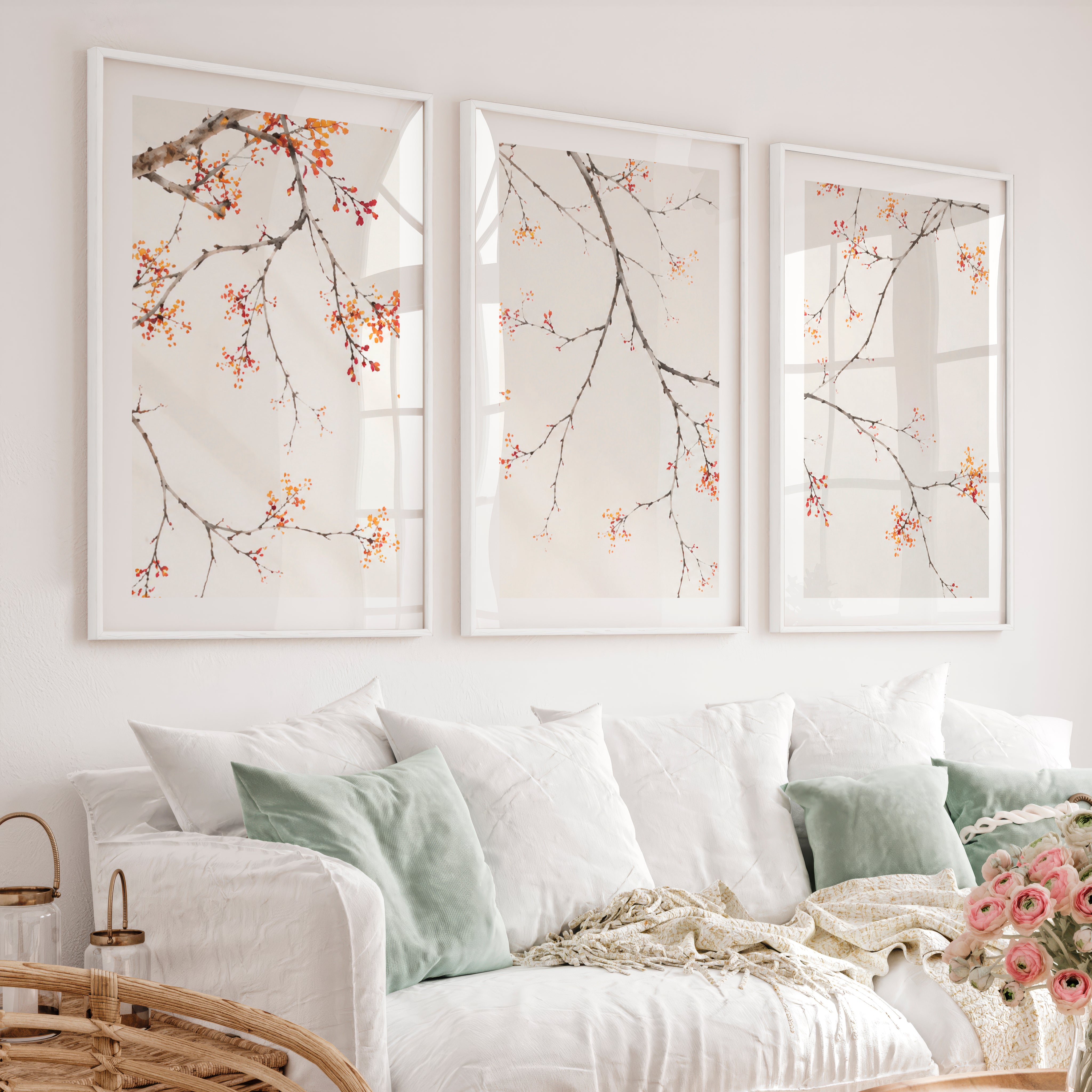 Soft Blossom Japandi Wall Print - White Framed Poster with White Border - Artworksets