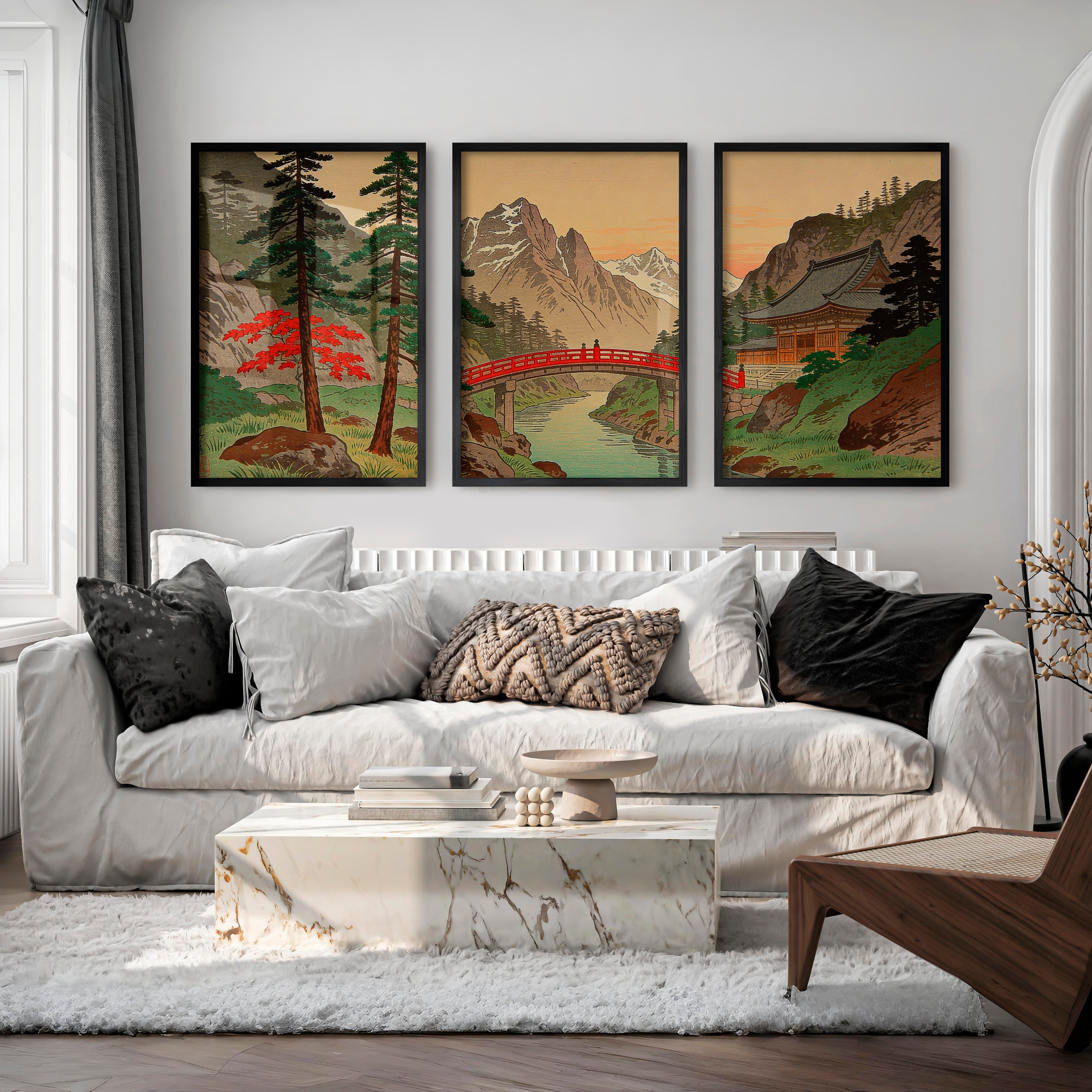 Alpine Shrine japandi wall Art with Red Bridge - Black Framed Poster No Border - Artworksets