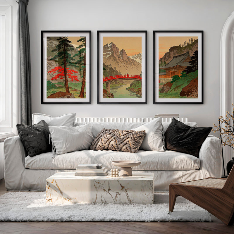 Alpine Shrine japandi wall Art with Red Bridge - Black Framed Poster with White Border - Artworksets