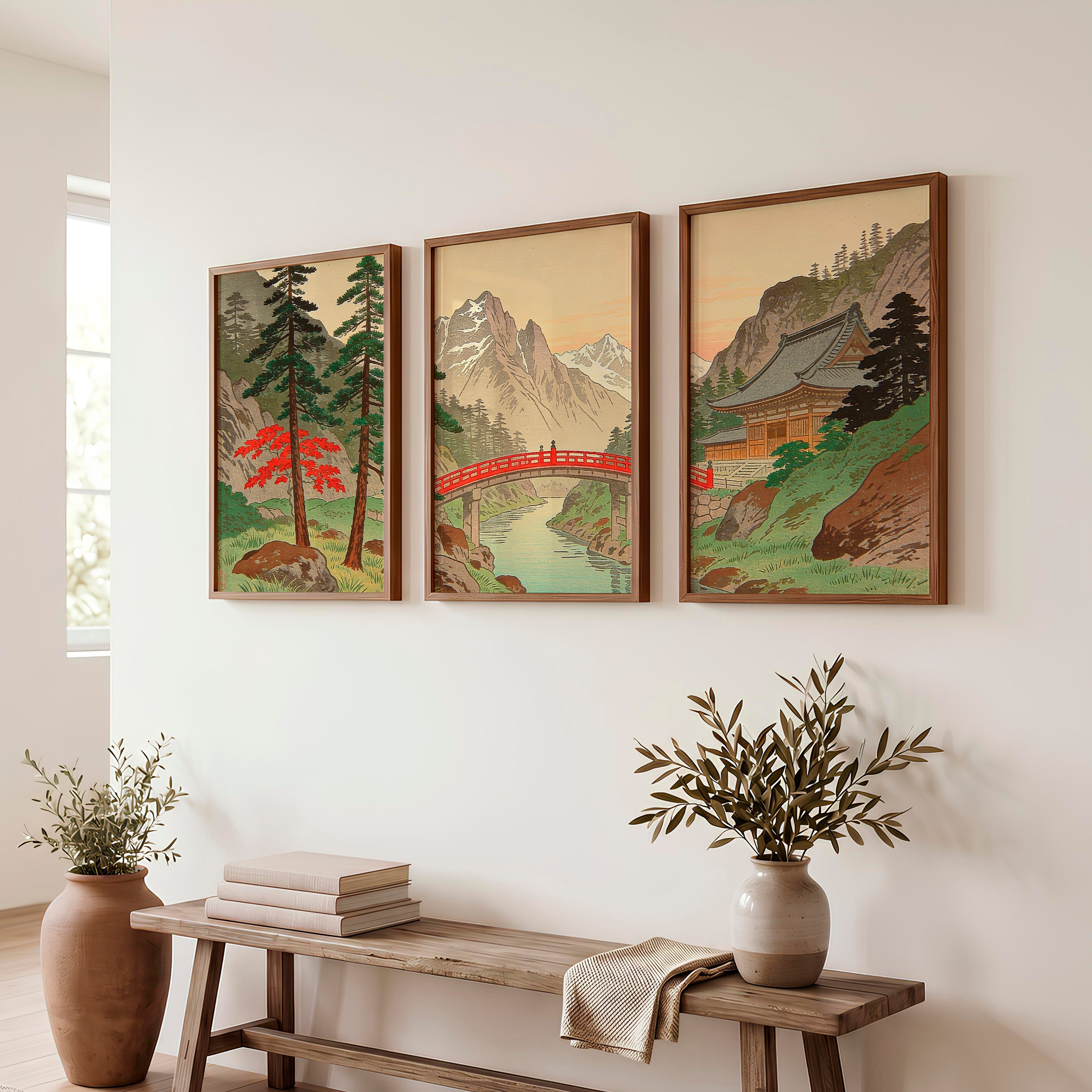Alpine Shrine japandi wall Art with Red Bridge - Dark Brown Framed Poster No Border - Artworksets