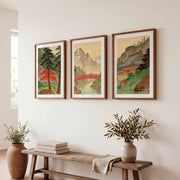 Alpine Shrine japandi wall Art with Red Bridge - Dark Brown Framed Poster with White Border - Artworksets