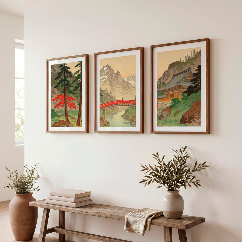 Alpine Shrine japandi wall Art with Red Bridge - Dark Brown Framed Poster with White Border - Artworksets