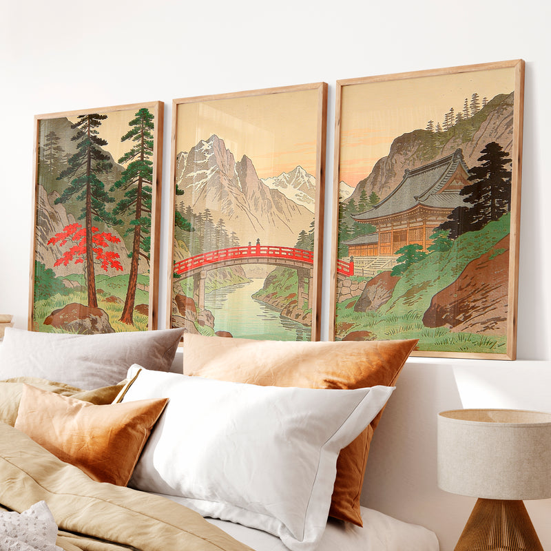 Alpine Shrine japandi wall Art with Red Bridge - Natural Wood Framed Poster No Border - Artworksets