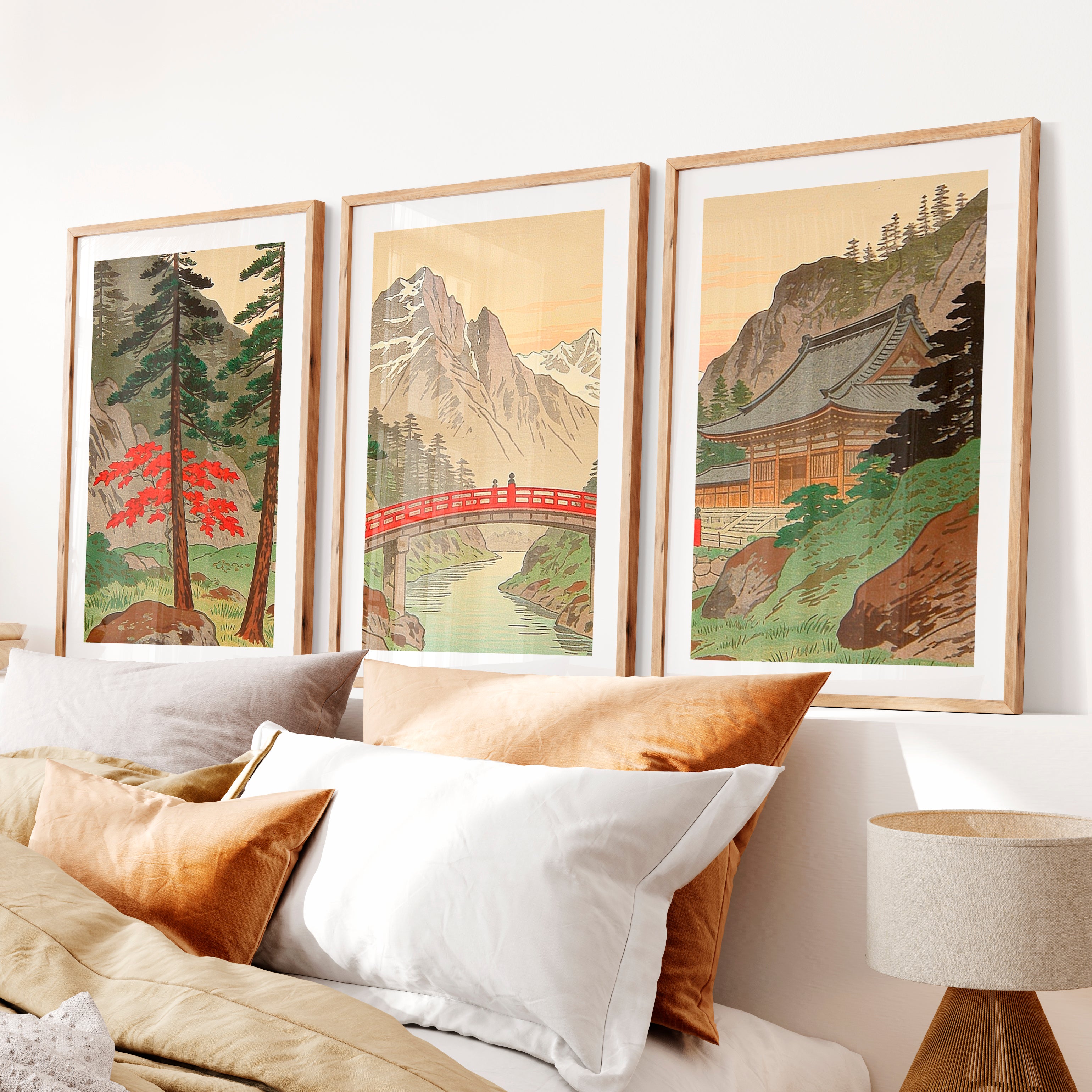 Alpine Shrine japandi wall Art with Red Bridge- Natural Wood Framed Poster with White Border - Artworksets