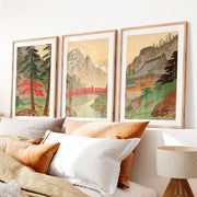 Alpine Shrine japandi wall Art with Red Bridge- Natural Wood Framed Poster with White Border - Artworksets